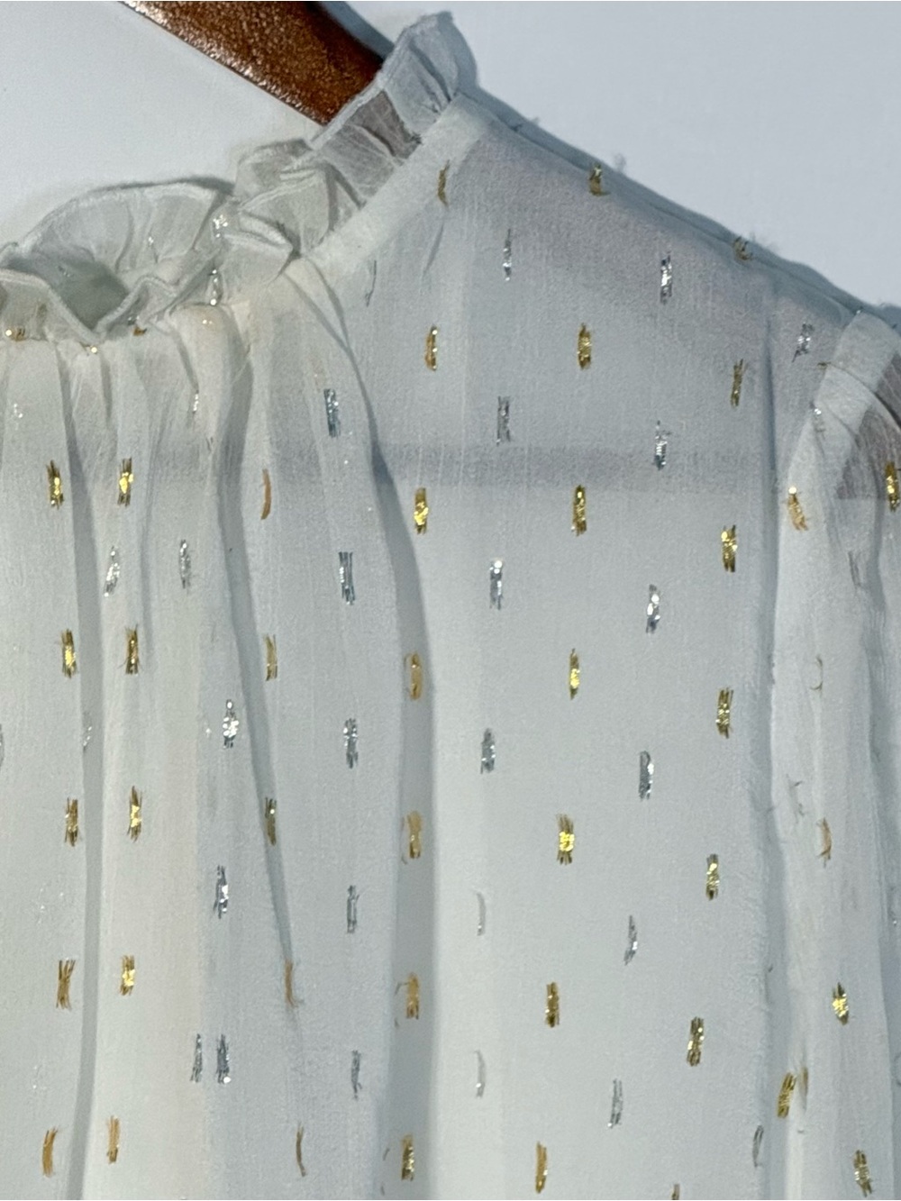 Melloday Boho Romantic Gold & Silver Flecked Balloon Sleeved Blouse Size Small